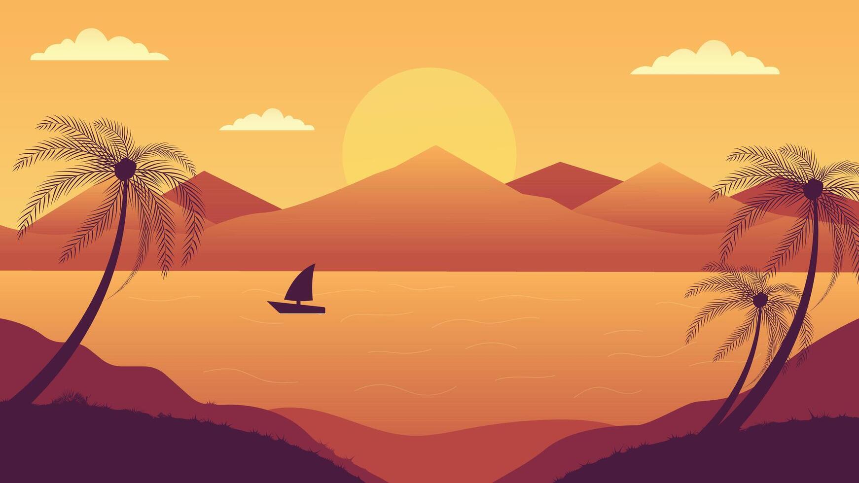 Beautiful tropical sunset with palm trees mountains and a sailing boat on calm water ideal for travel backgrounds nature scenes and peaceful themes vector