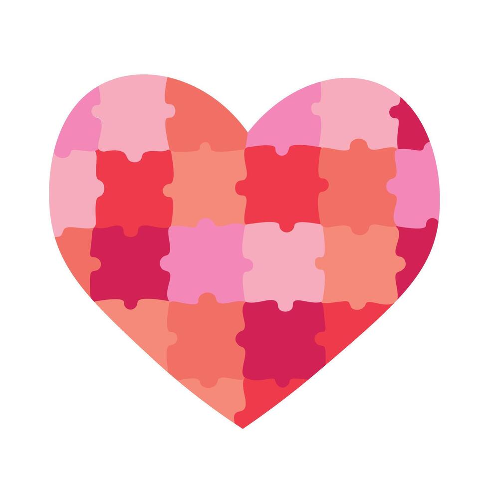 Silhouette of abstract heart from different shades of red color consisting of puzzles, pieces. flat graphics. vector