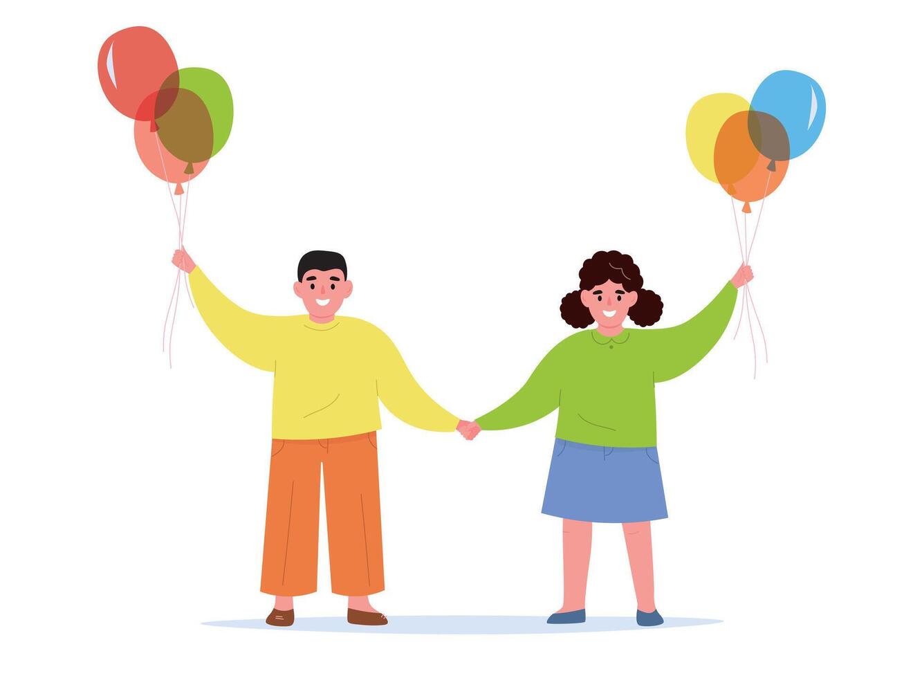 Boy and girl standing holding hands and holding balloons. Children are friends together at the party. flat graphics. vector