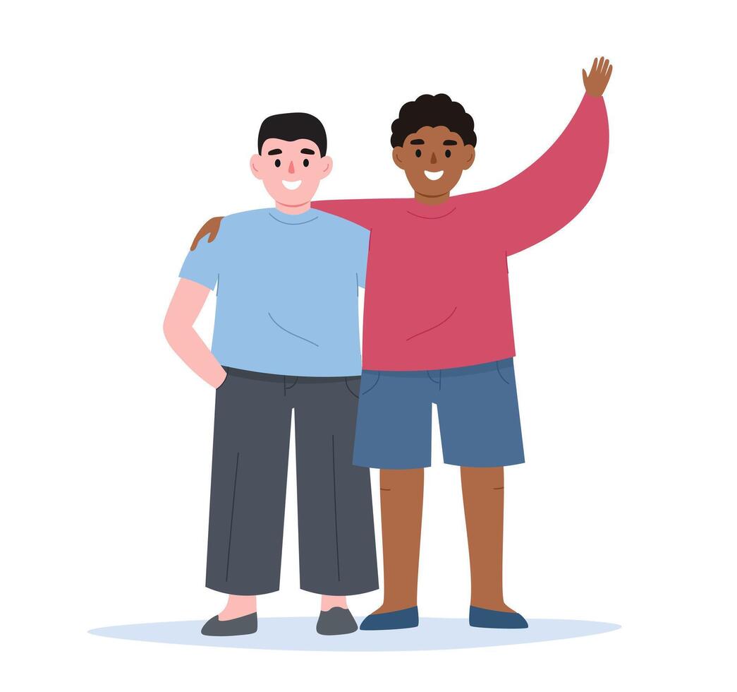 Couple of friends boys standing together, hugging each other. Children smiling, happy. flat graphics. vector