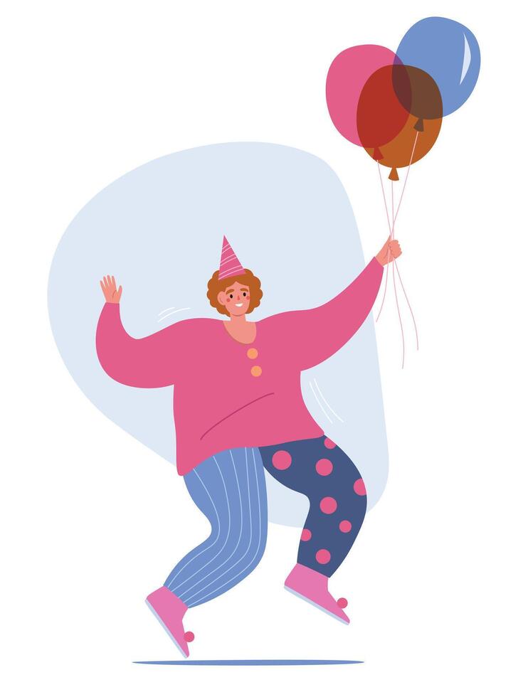 Bright positive man in a clown costume holds balloons in his hand. Cheerful character at a party. flat graphics. vector