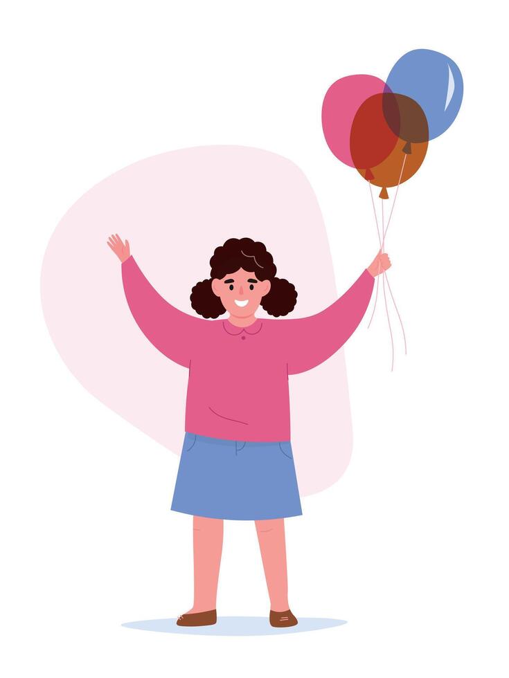 Little girl holds balloons in her hand. Positive child smiles. flat graphics. vector