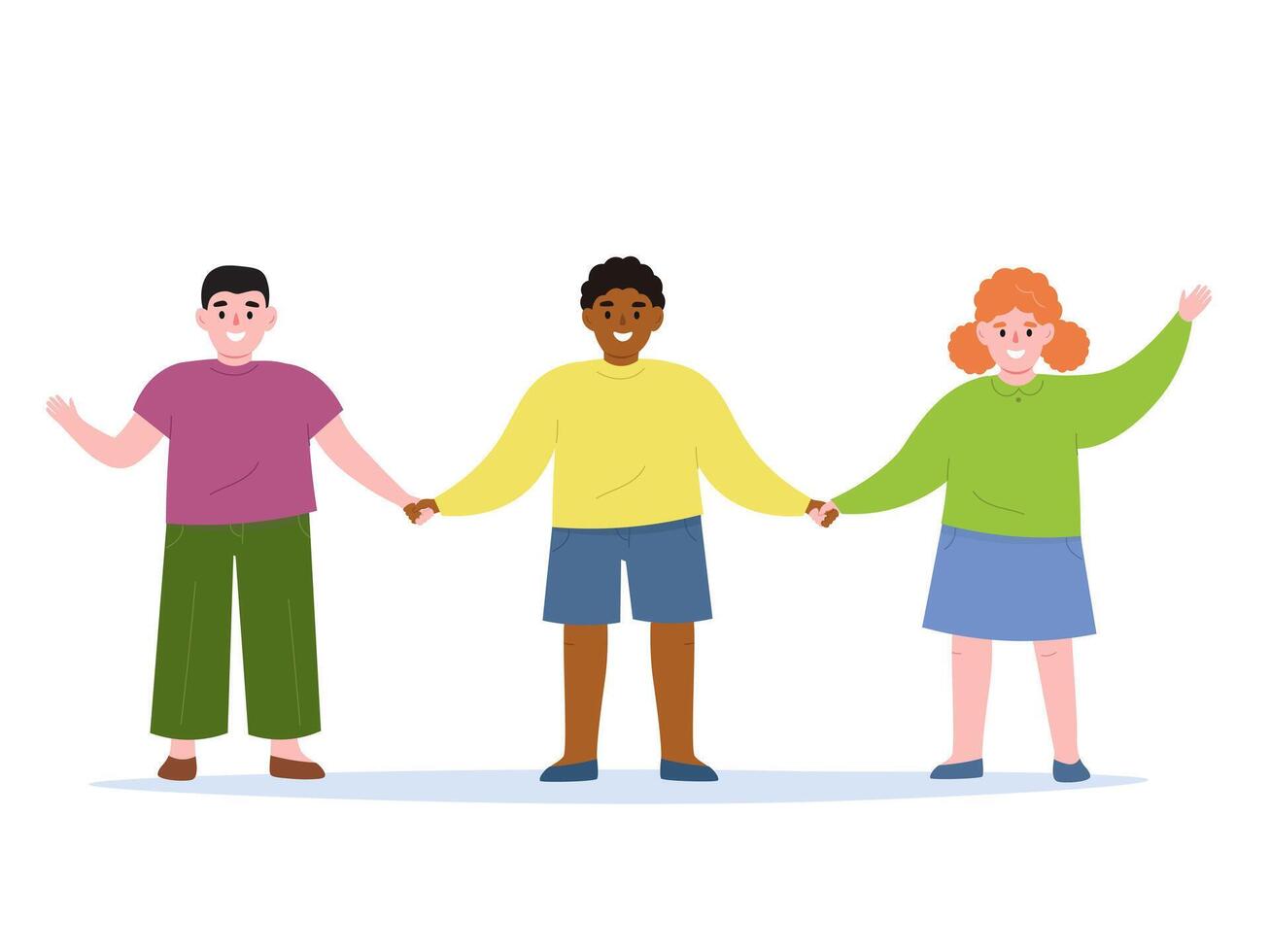 Cheerful happy children hold hands, make friends together. Group of boys and girls smiling. flat graphics. vector