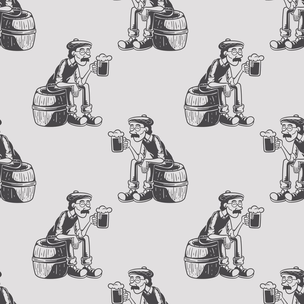 Seamless Pattern Illustration of Casual Man Sitting on a Keg with Mug of Beer vector