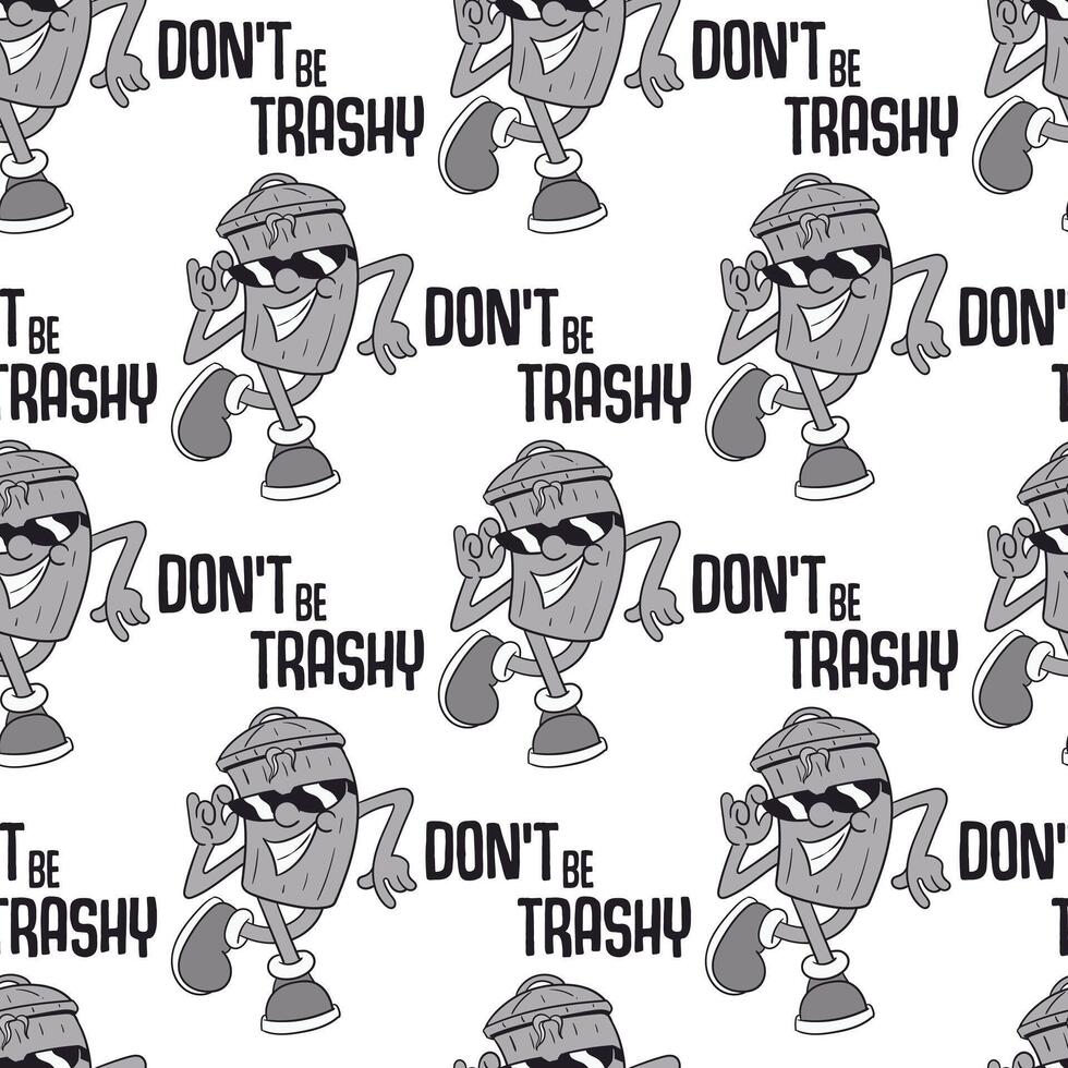 Playful Trash Can Character Repeat Pattern with Slogan vector