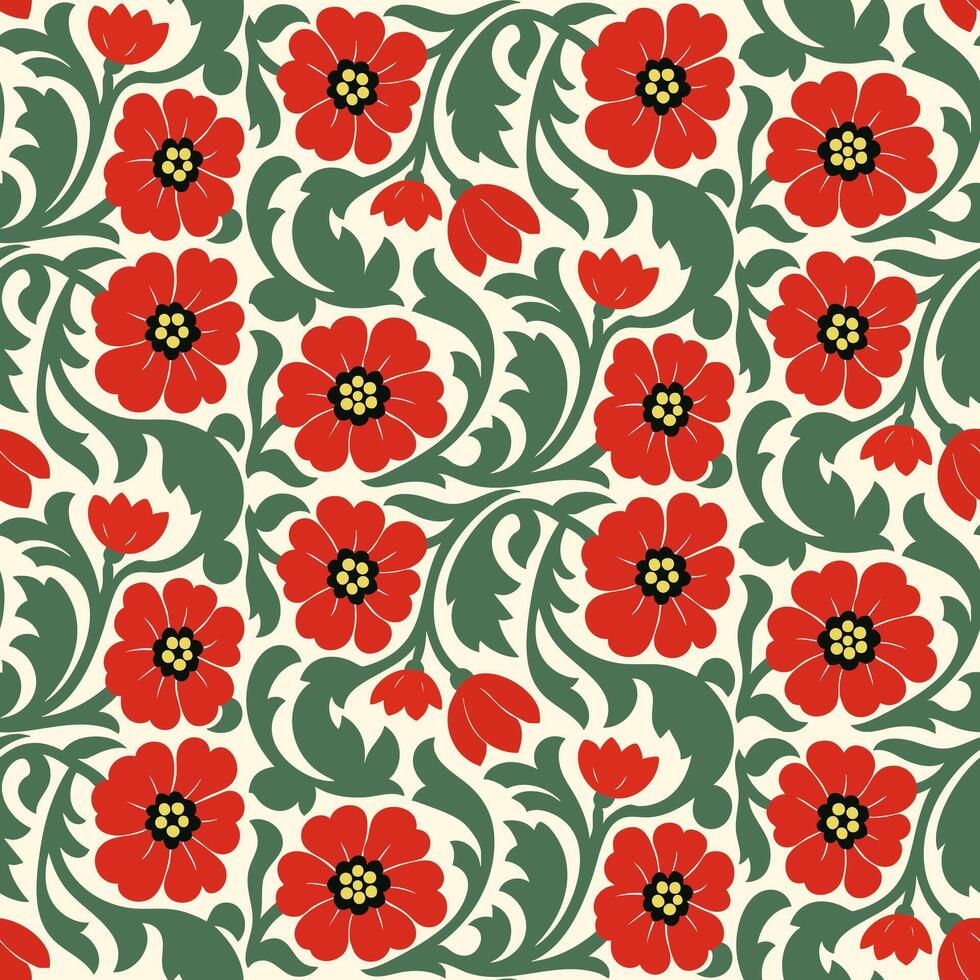 Seamless Floral Pattern with Red Flowers and Green Leaves vector