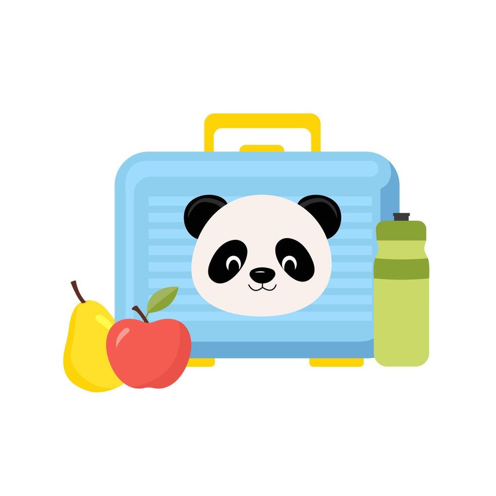 Lunchbox for kids. School lunchbox with a snack, bottle of water, pear and apple.Homemade nutrition. vector
