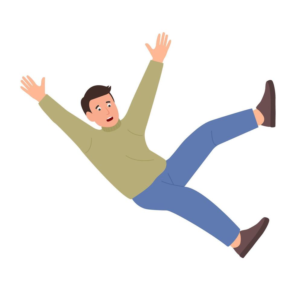 Man falling down. Shocked falling down person because of stumbling, slipping, accident, injury. Slippery, danger, risk. vector