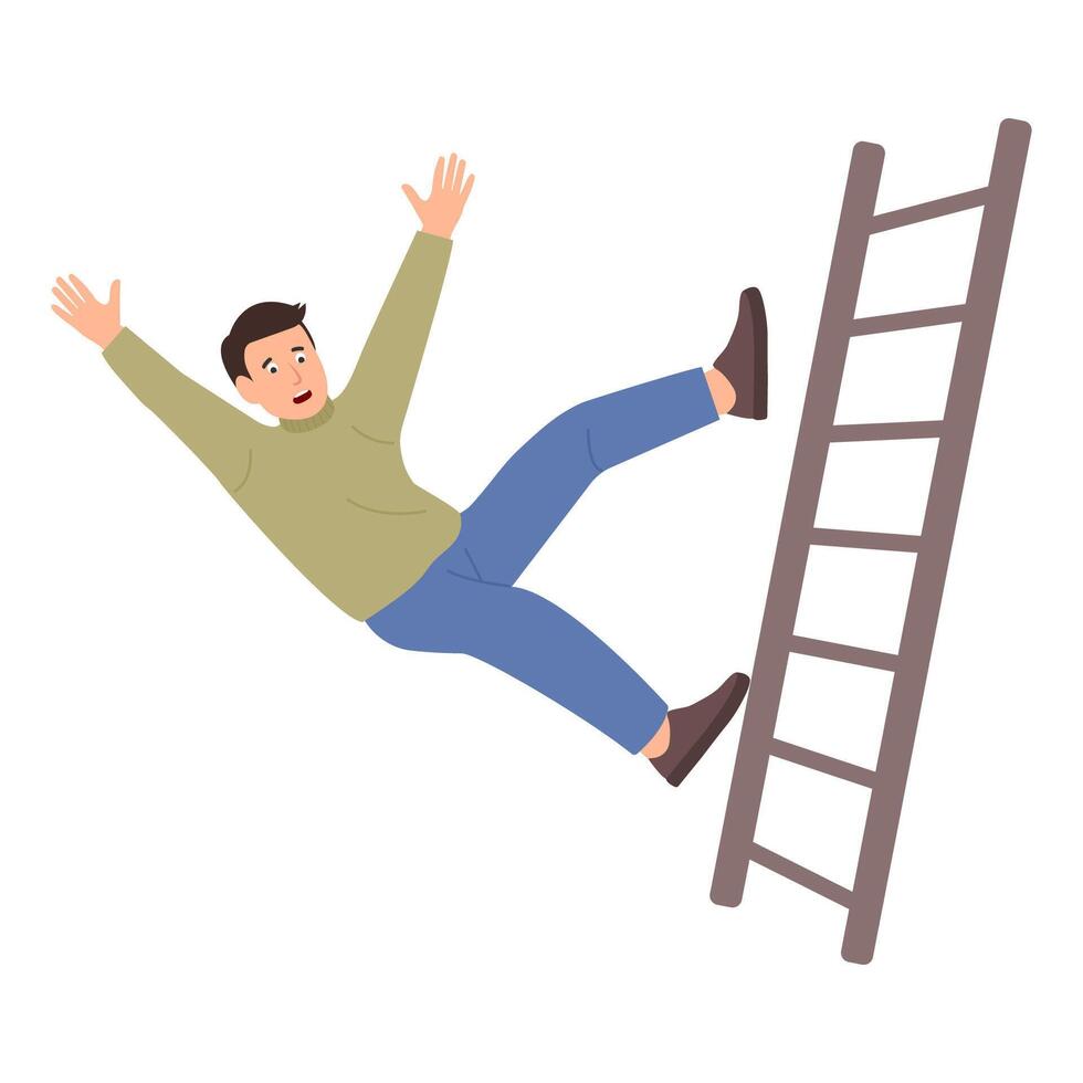 Man falling from step ladder. Person slipping, falling down. Injury danger. vector