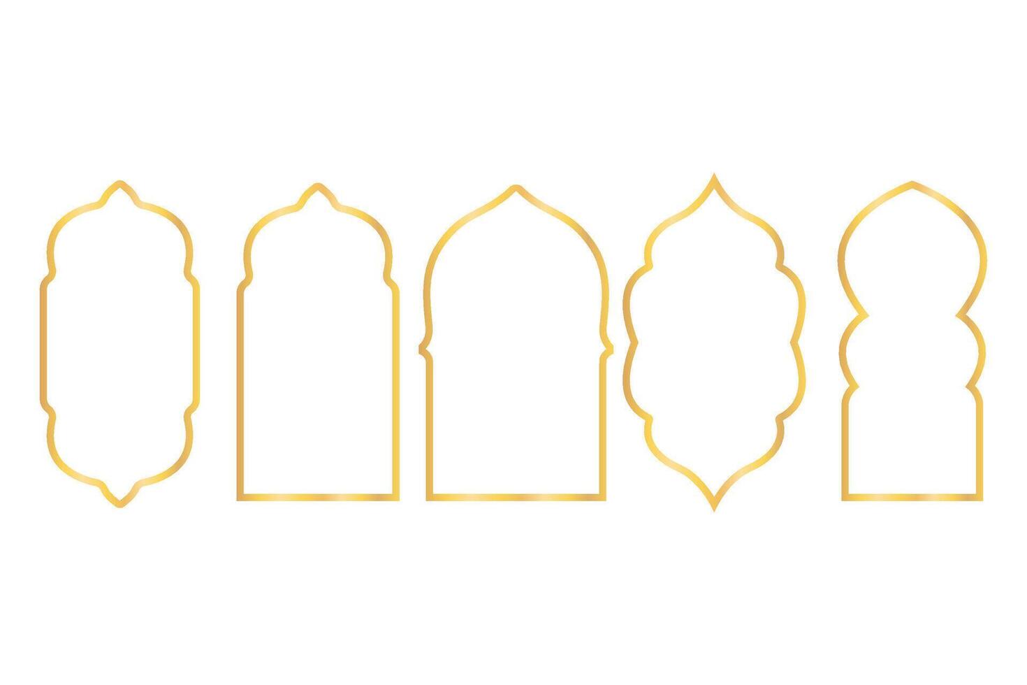 Set of gold doors and windows silhouette, Arabian arch frame. Arabic traditional architecture icons. illustration vector