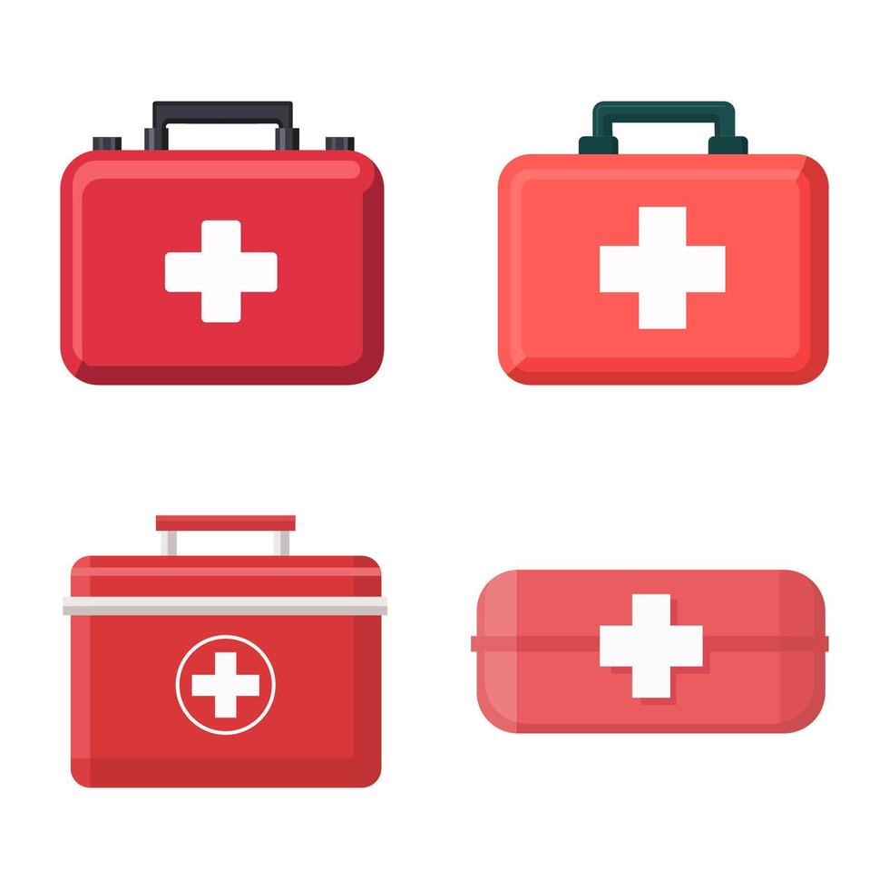 First aid kit box set. Red object with a cross on it, medical equipment, First aid storage, doctor's case. illustration vector