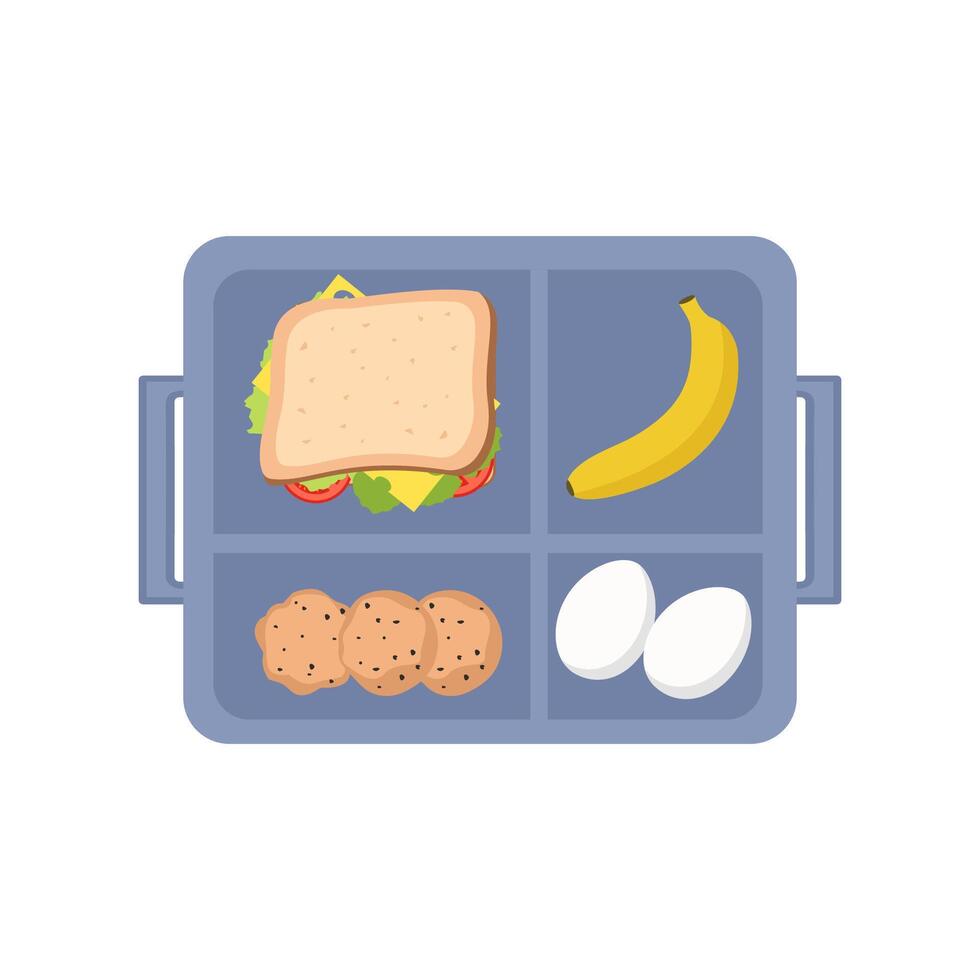 School lunch box.Container with sandwich,banana,boiled eggs,cookies. Healthy meals storage. vector