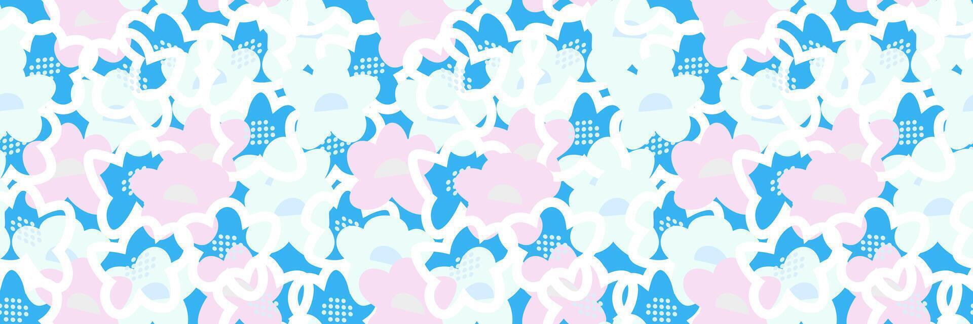 Seamless floral pattern with abstract hand drawn flowers in pastel and light on a blue background. Overlapping outlines and dynamic composition create a playful, modern, and stylish look vector