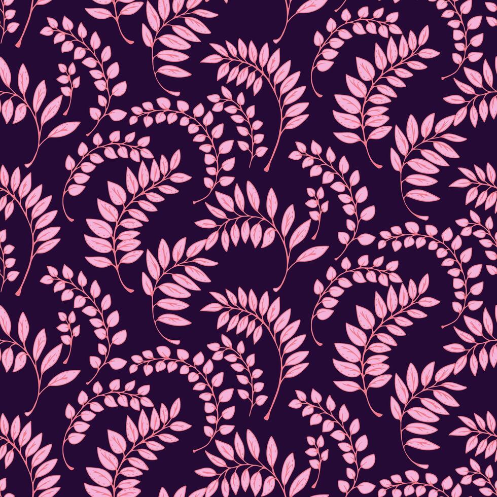 Seamless botanical pattern pink leaves on a dark background. Elegant foliage design ideal for textiles, packaging, home decor, and stationery projects vector