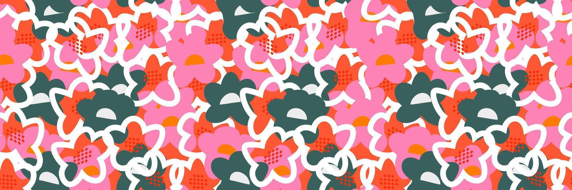 Seamless floral pattern with abstract hand drawn flowers in pink, and green on a orange background. Overlapping outlines and dynamic composition create a playful, modern, and stylish look vector