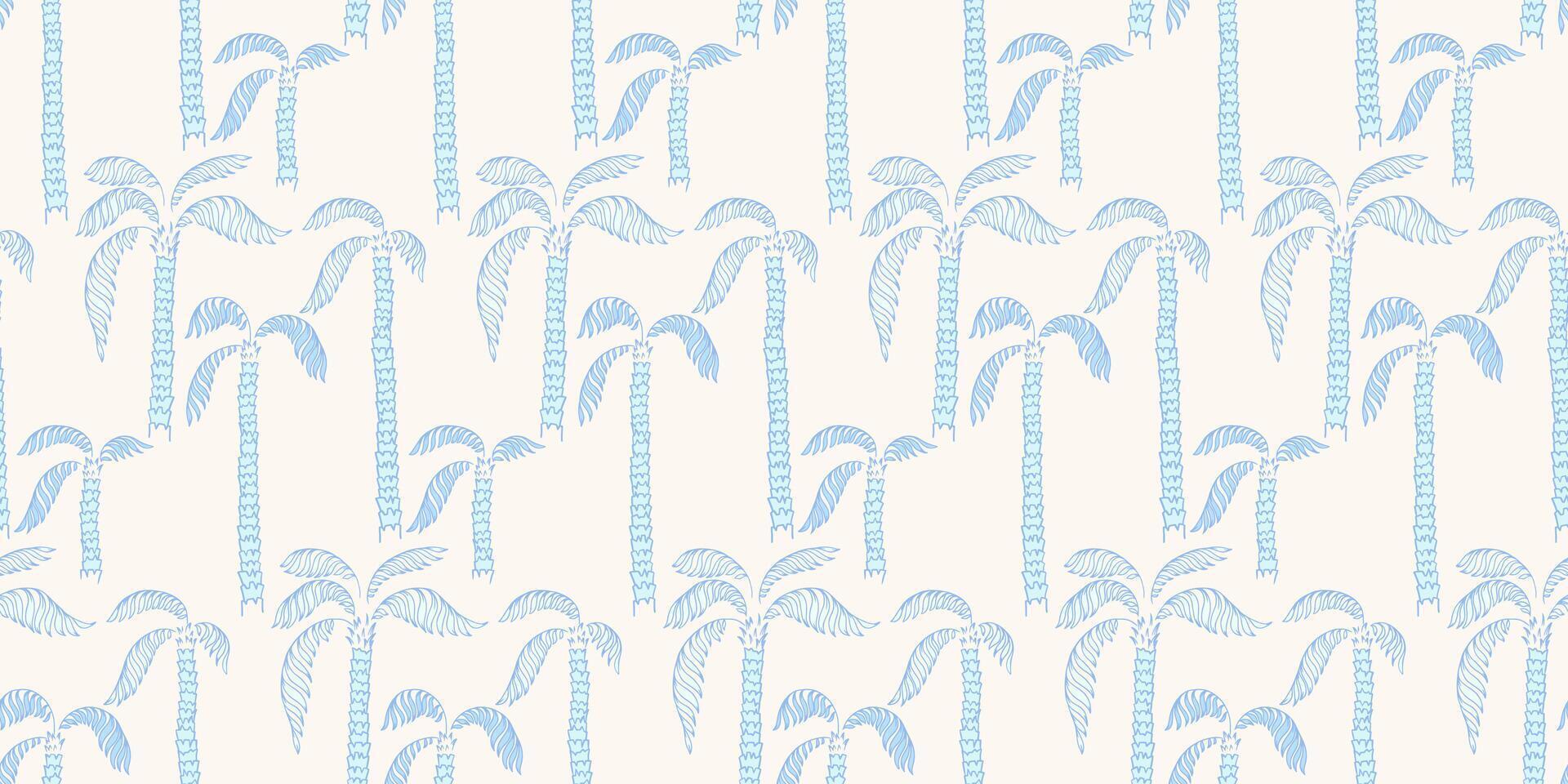 Seamless pattern with stylized blue palm trees on a white background. Tropical, modern, and elegance pastel design, ideal for summer fashion, beachwear, textiles, wallpapers vector