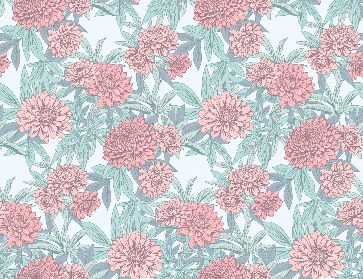 Pastel blooming seamless floral pattern. Abstract artistic chrysanthemum peonies dahlias flowers on branches leaves print. drawn illustration. Nature ornament vector