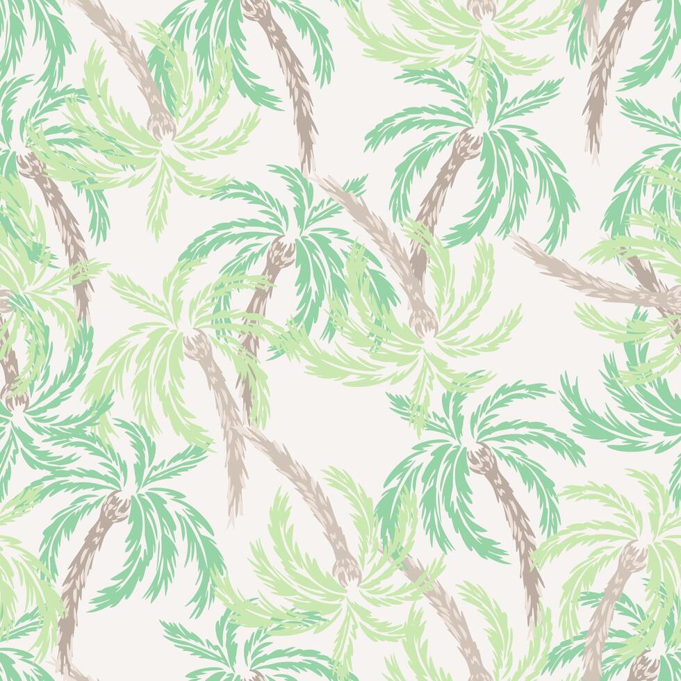 Seamless tropical pattern featuring hand drawn palm trees in pastel and soft tones on a light background. Perfect for summer designs, textiles, wallpapers, beachwear vector