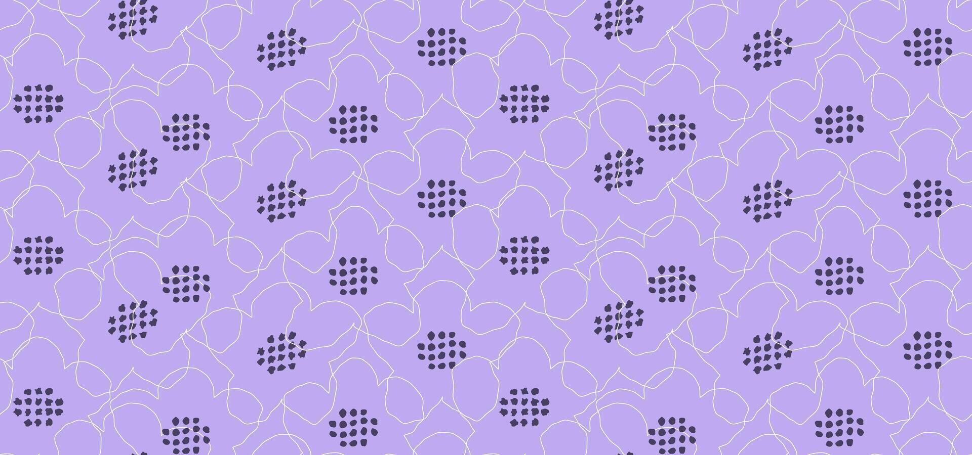Minimalist seamless pattern with abstract floral outlines in and hand drawn dots on a purple, violet, lavender background. Elegant, modern, and delicate, perfect for textiles, wallpapers vector