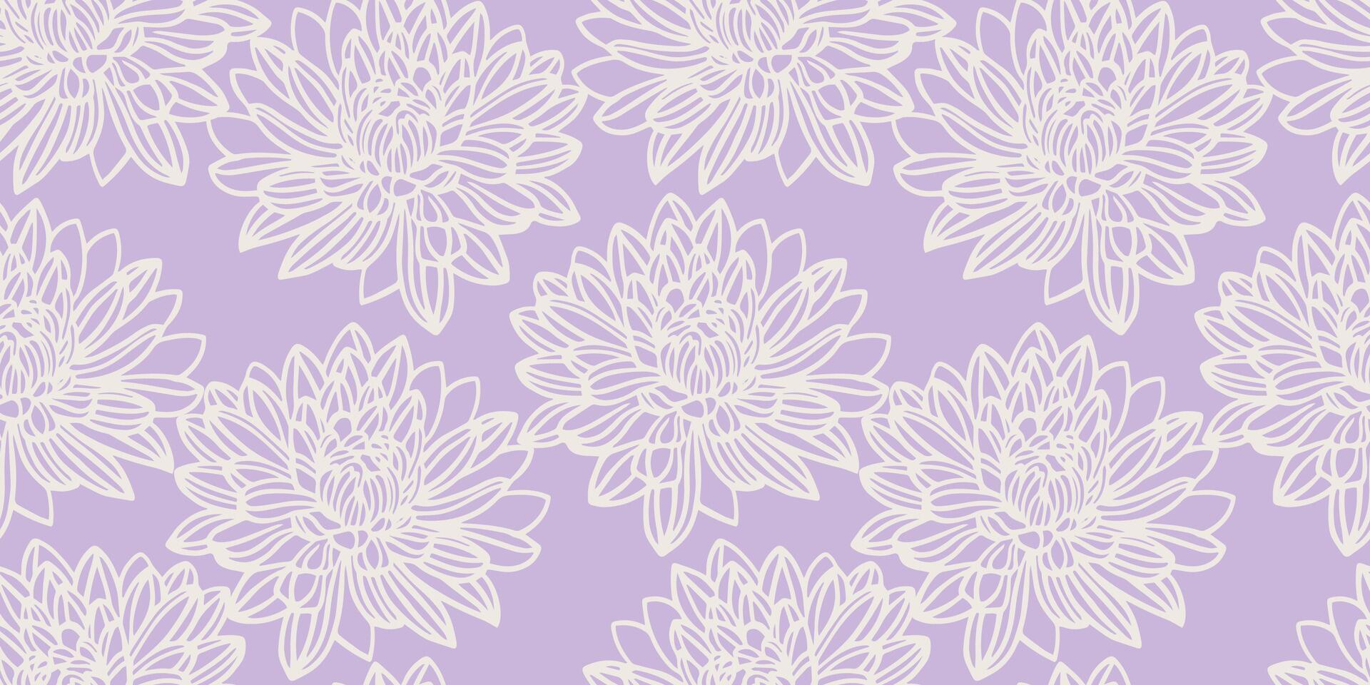 Minimalist seamless floral pattern with large, detailed line-drawn flowers. Pastel purple violet background. Perfect for modern textiles, packaging, wallpaper, sophisticated monochrome vector