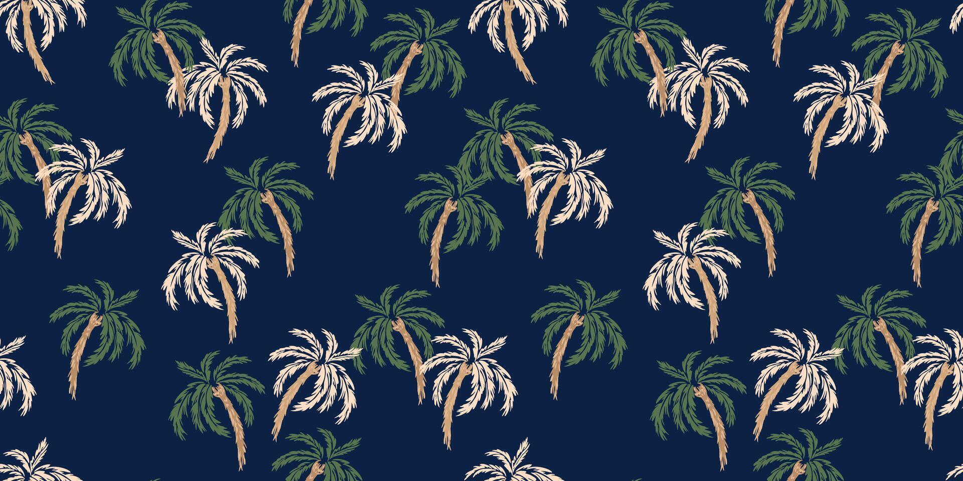 Seamless tropical palm tree pattern with a deep navy background. The design features lush green and beige palm leaves, creating a bold, exotic, and stylish look for summer fashion, textiles vector