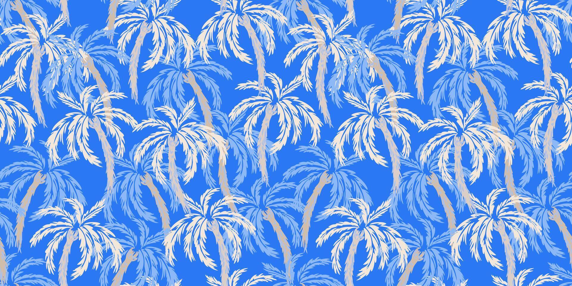 Seamless tropical palm tree pattern with artistic brushstroke texture. Vivid blue background with palm leaves. Perfect for summer fashion, textiles, wallpapers, and branding. vector