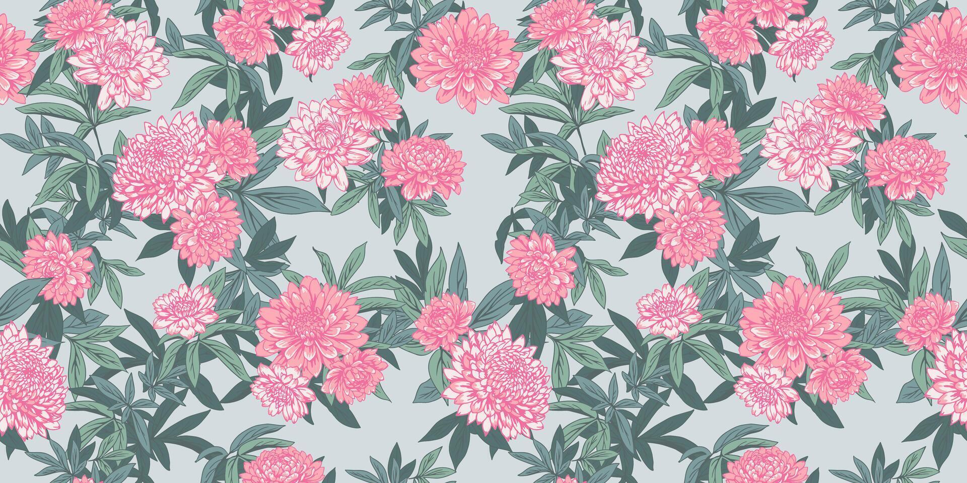Blooming seamless floral pattern. drawn illustration botanical. Abstract artistic pink flowers and green leaf print. Nature ornament for designs, wallpaper, fabric, fashion, textiles vector