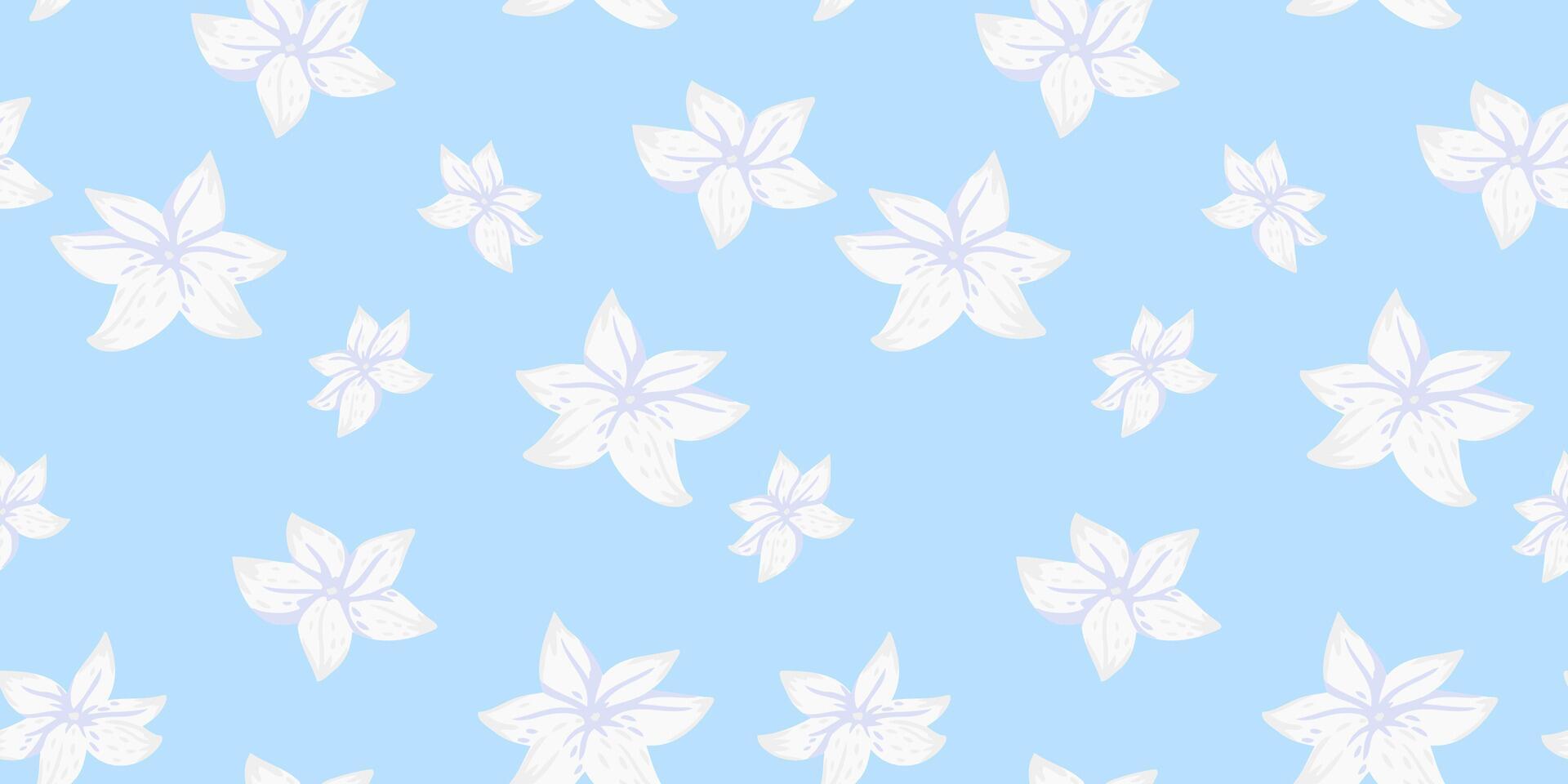 Seamless floral pattern with simple hand drawn white flowers on a pastel, soft blue background. Ideal for fabric, wallpaper, packaging, and summer themed design projects. vector