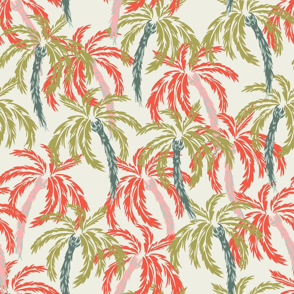 Vibrant seamless pattern with hand drawn tropical palm trees in bold red and green tones on a light background. Exotic, dynamic, and trendy, perfect for summer textiles, wallpapers, branding vector
