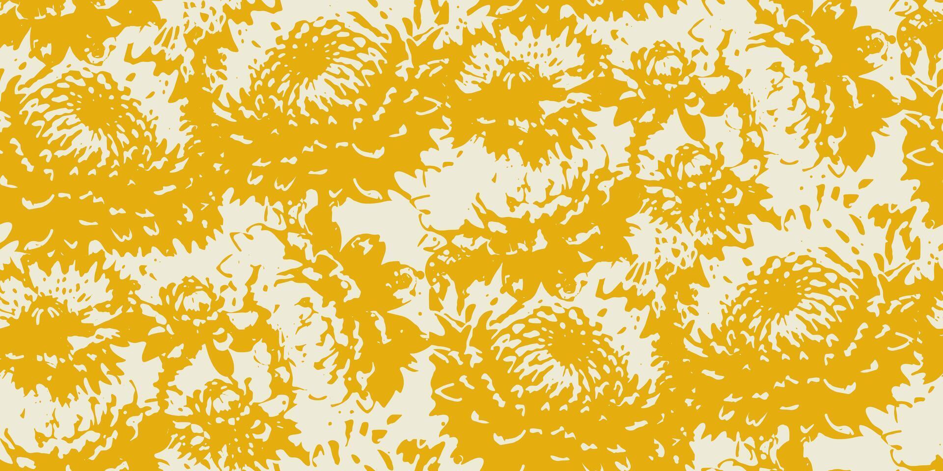 A bold floral seamless pattern featuring large, abstract chrysanthemum flowers in yellow brushstroke style on light background. Ideal for textiles, wallpapers, packaging, and modern decor designs. vector