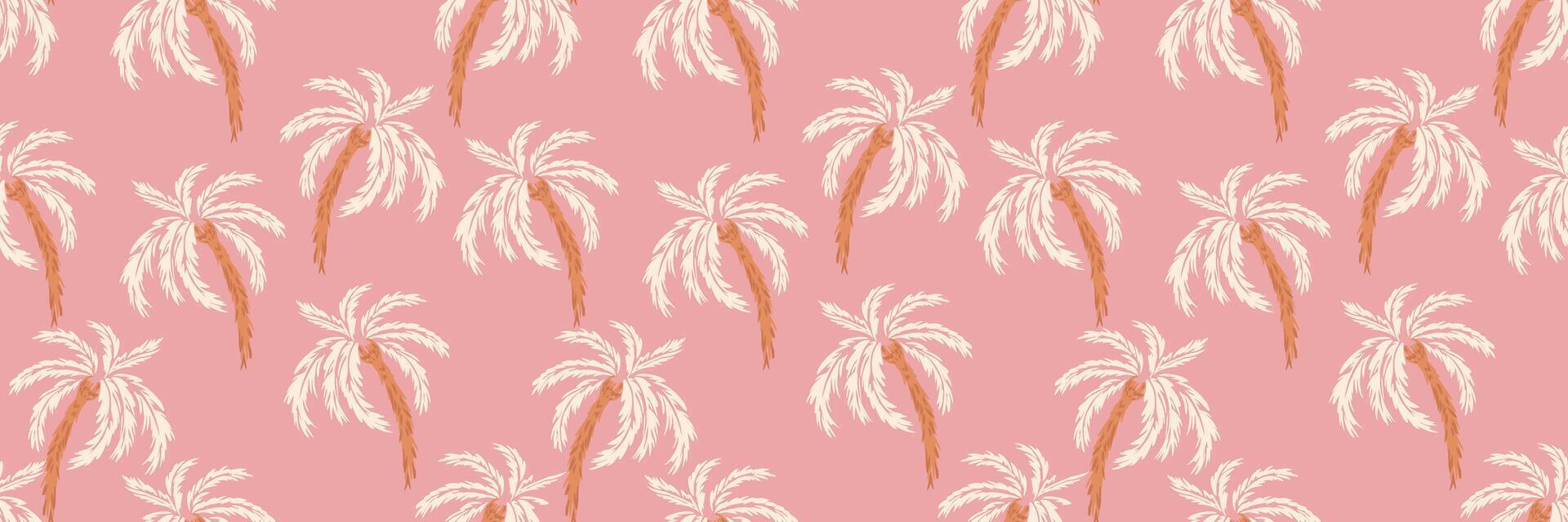 Seamless tropical pattern featuring hand drawn palm trees in soft tones on a pastel pink background. Perfect for summer textiles, beachwear, wallpaper, or exotic themed branding vector