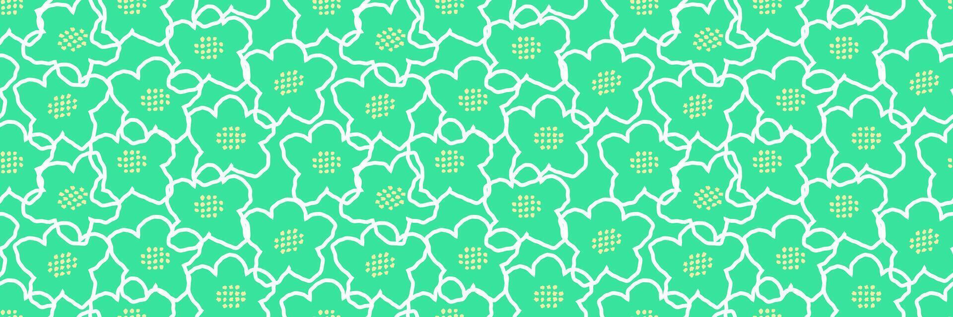Seamless floral pattern with delicate white line art flowers and yellow dotted centers on a vibrant green background. Minimalist and elegant for textiles, stationery, wallpapers, packaging vector
