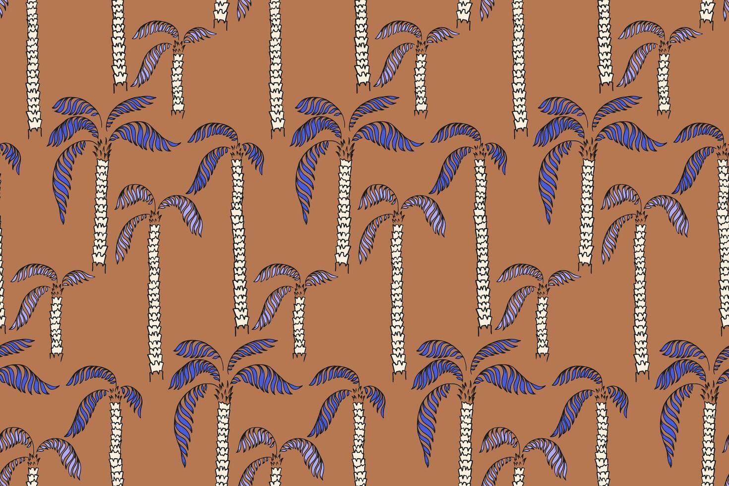 Seamless tropical pattern featuring hand drawn palm trees with textured trunks and curved leaves on a beige background. Ideal for summer themed designs, textiles, wallpapers, and packaging. vector