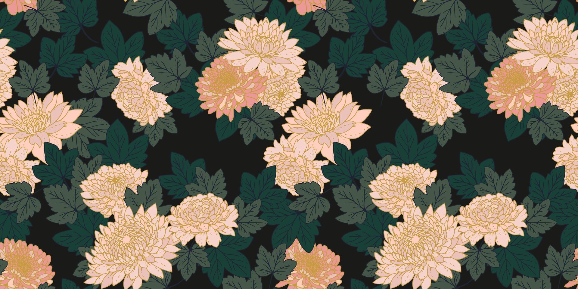 Chic floral seamless pattern on dark background. Stylized peonies, dahlias, chrysanthemums. Artistic abstract flowers and leaves repeated print. drawn illustration botanical. Nature ornament vector