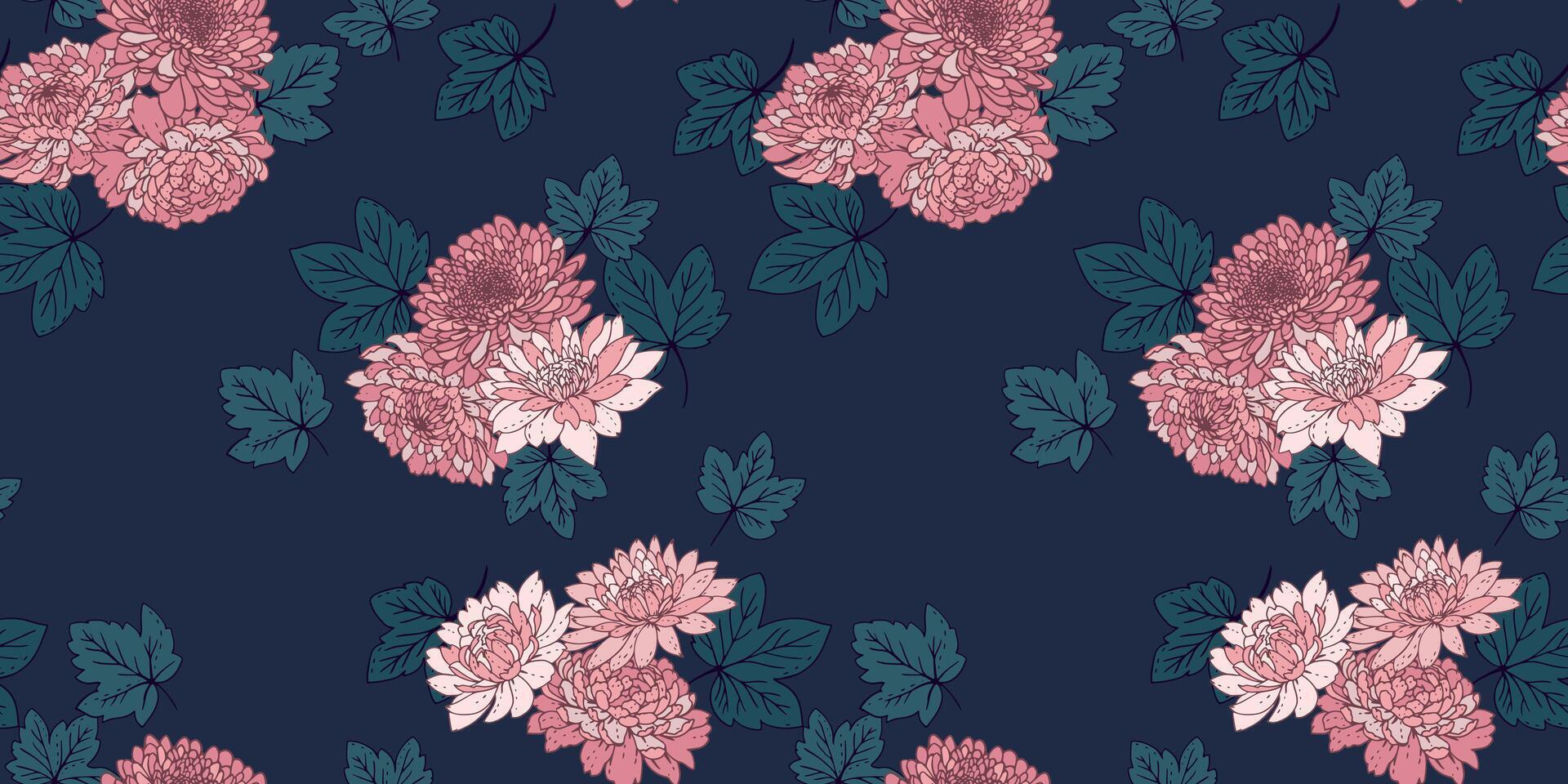Seamless abstract artistic flowers pattern on dark navy background. drawn illustration floral. Stylized bouquet dahlia peonies chrysanthemum printing. Nature ornament for designs, fabric, textiles vector