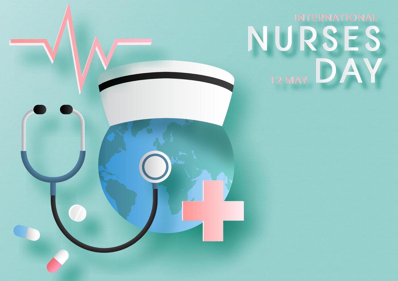 International Nurses day poster's campaign with global, Nurses cap and medical sign decorated in paper cut style, wording of event on lights green background. vector