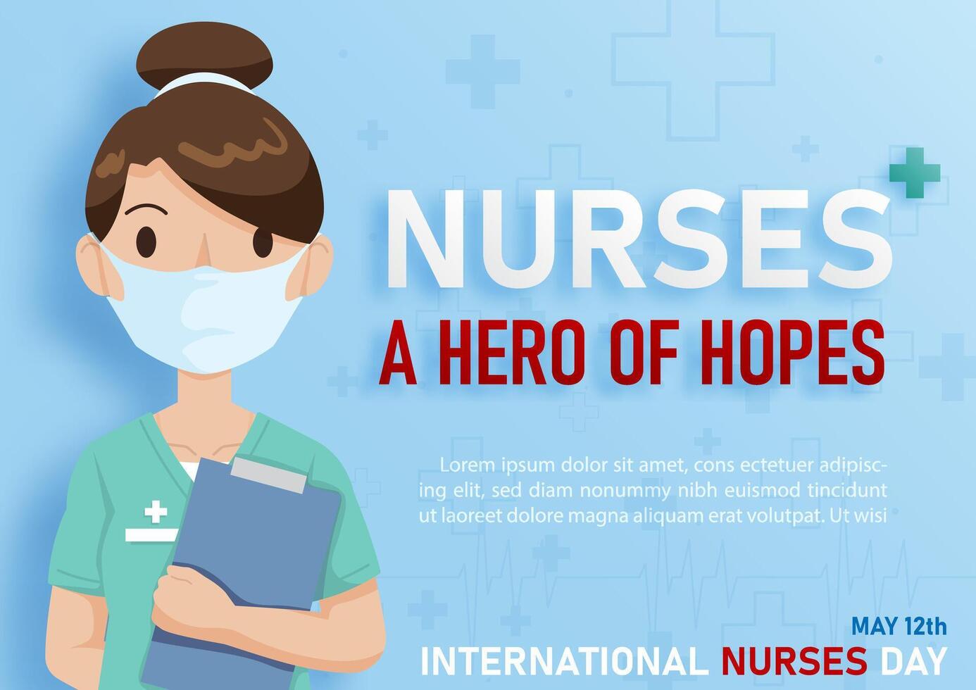 Nurse in cartoon character and paper cut style with Nurses day's slogan, wording of event and example texts on blue background. vector