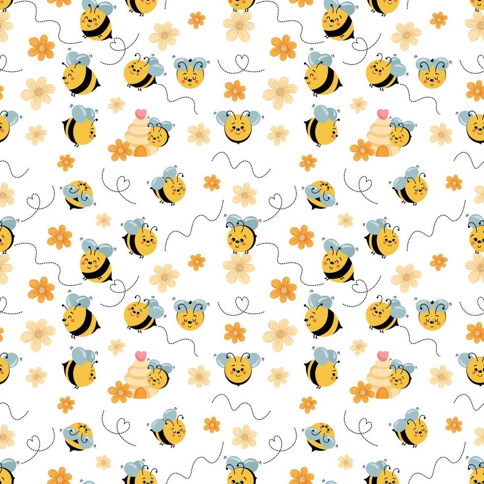 Seamless background pattern of cute bees flying around flowers vector