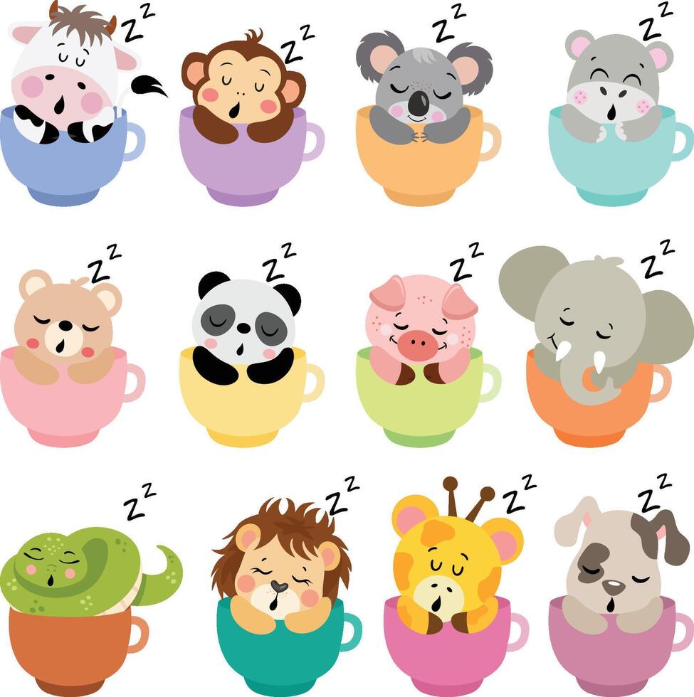 Cute Sleeping Animals Inside Colorful Coffee Cups vector