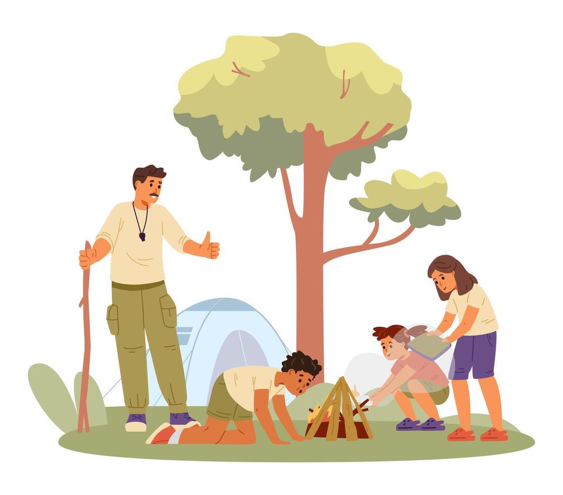 Man teaching children to make bonfire in summer camp flat illustration. vector