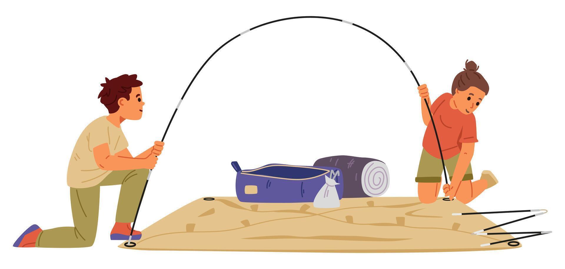 Boy and a girl putting up tent in camping flat illustration isolated on white. vector