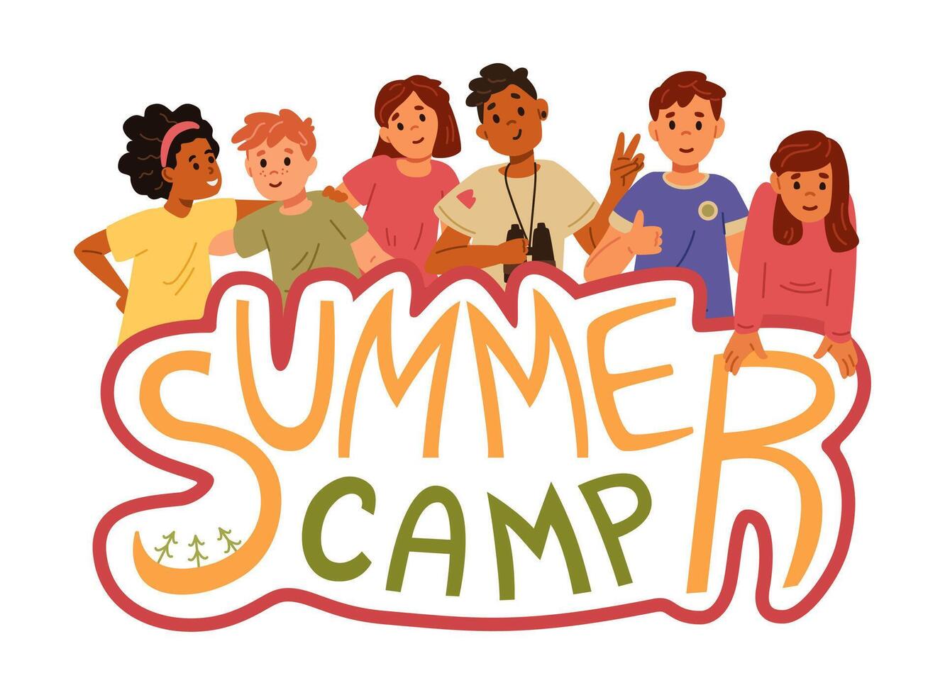 Summer camp banner with illustration of diverse group of children standing together and holding hand drawn lettering isolated on white. vector