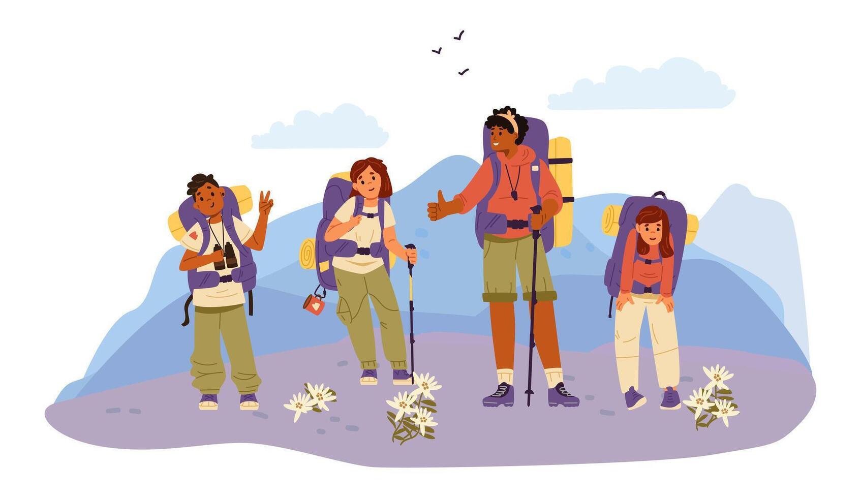 Diverse group of children with woman teacher hiking in the mountains flat illutration. vector