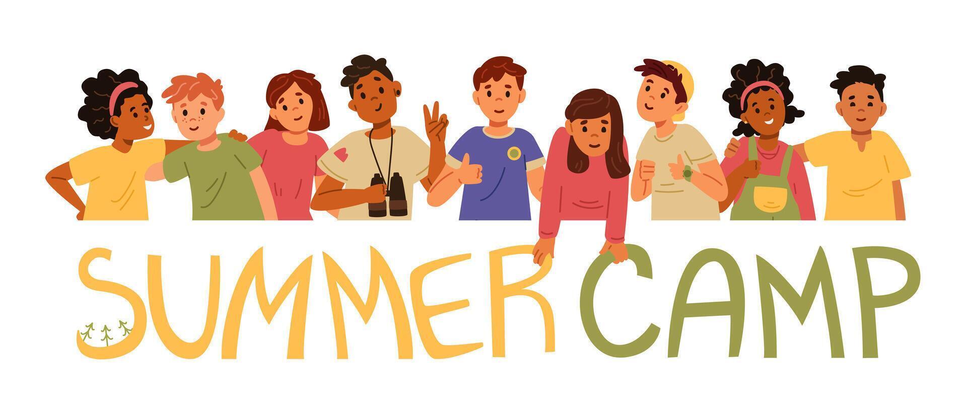 Summer camp horizontal banner with illustration of diverse group of children standing together and holding hand drawn lettering isolated on white. vector