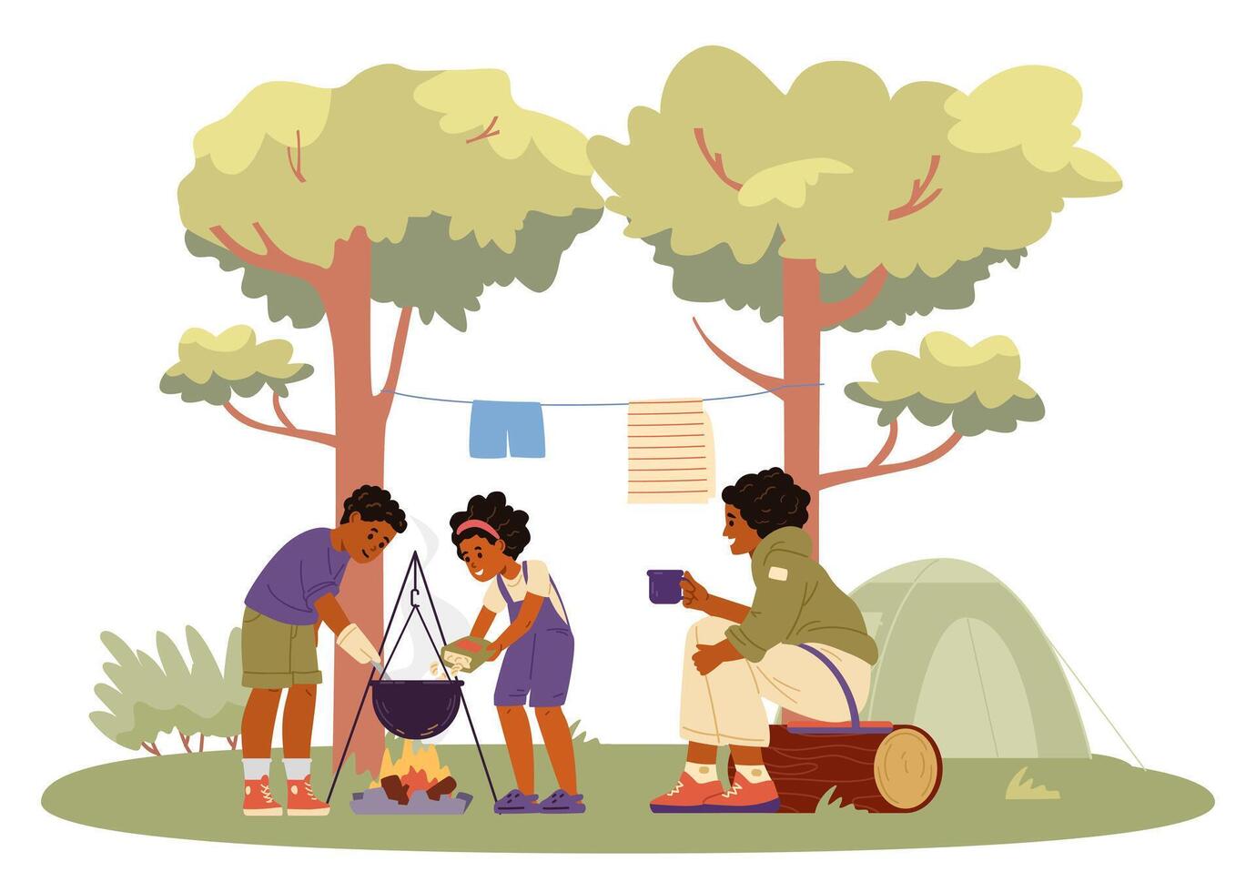 African American family camping flat illustration. Children making dinner on campfire. Summertime outdoors activities. vector