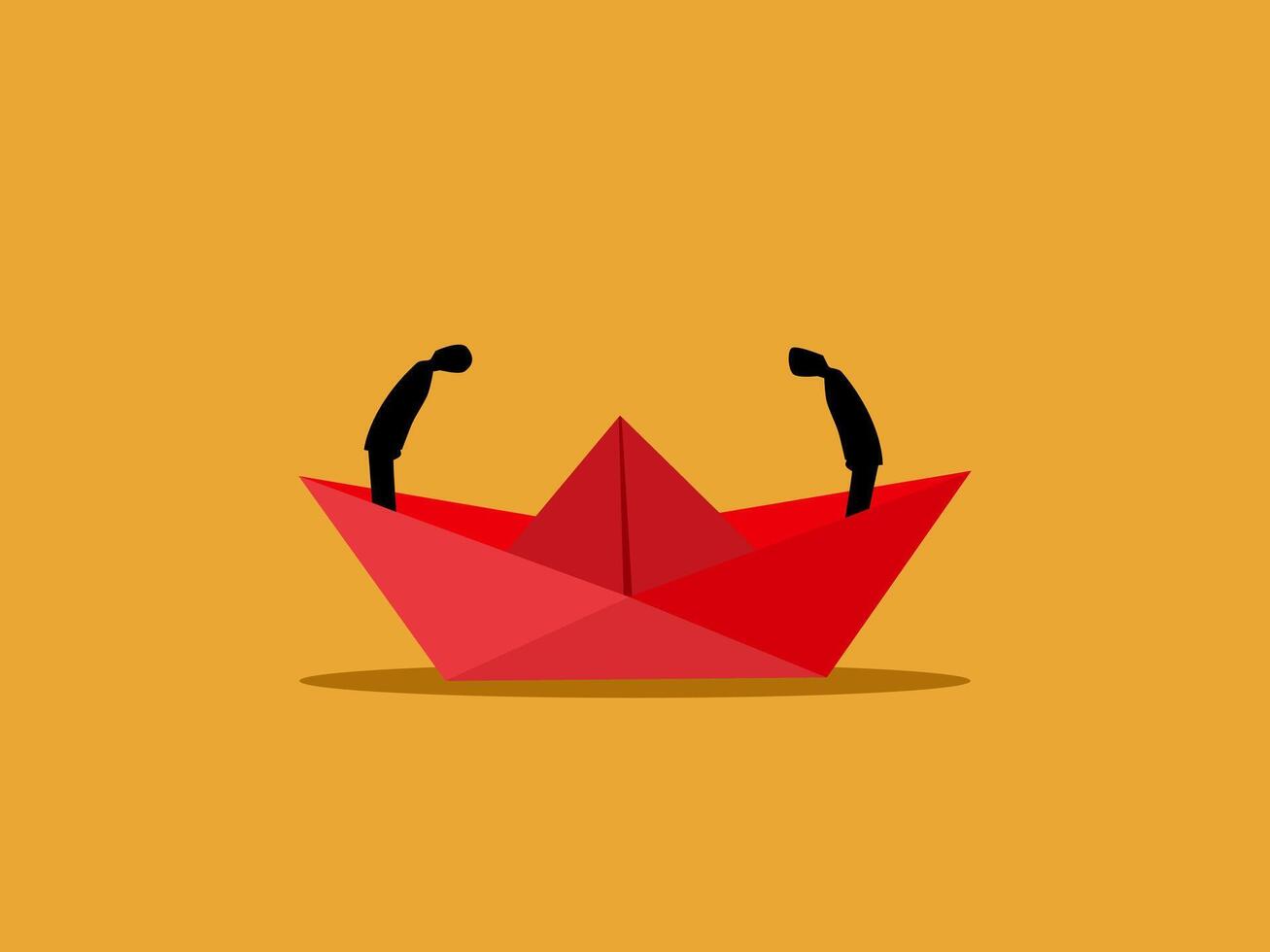 Two businessmen lead the paper boat in different directions vector
