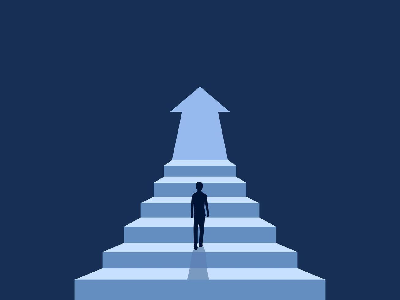 Businessman walks up stairs arrows pointing to the future vector