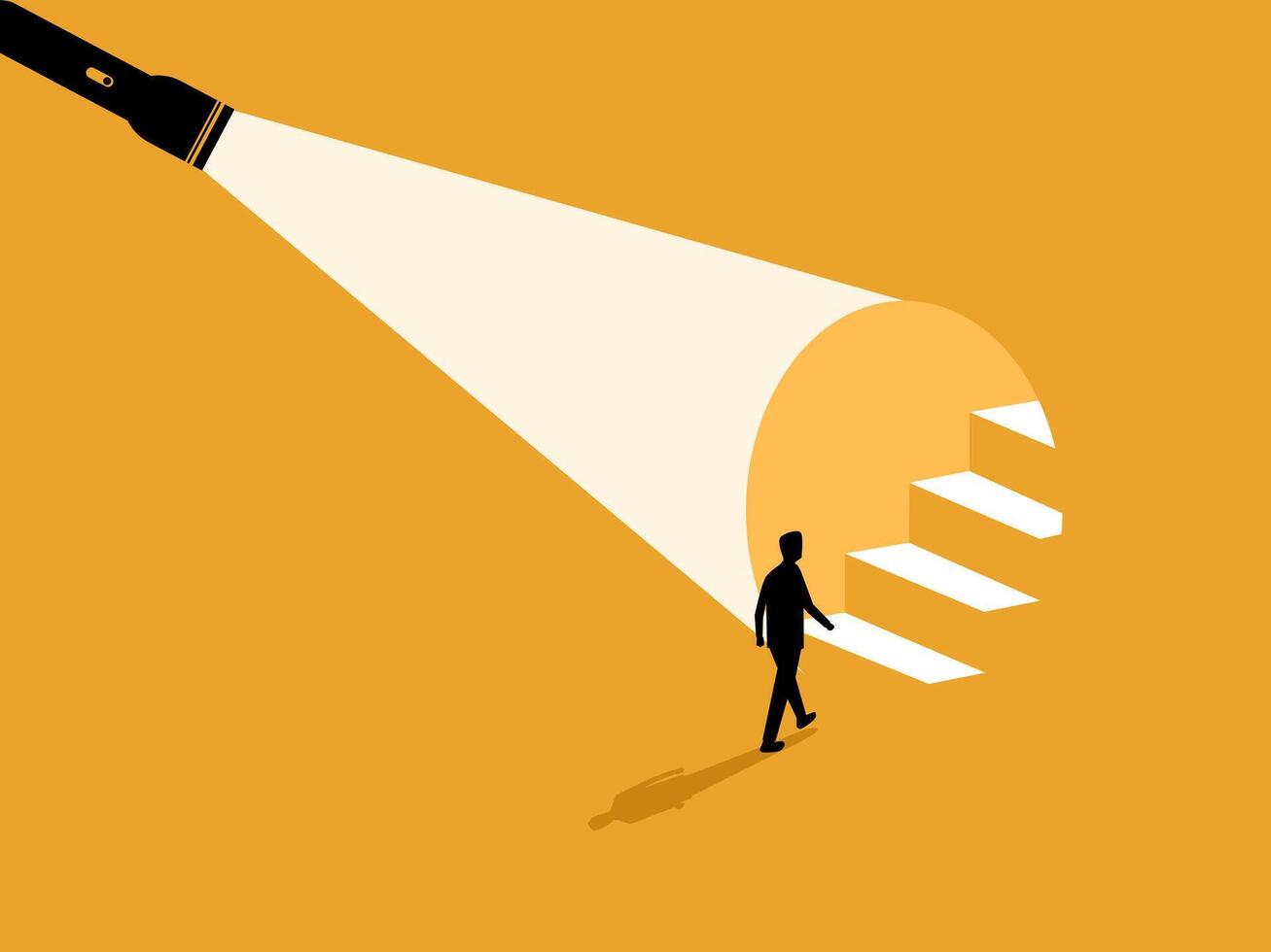 Revealing Strategy, Businessman Walks Along Flashlight Shows Stairs. vector