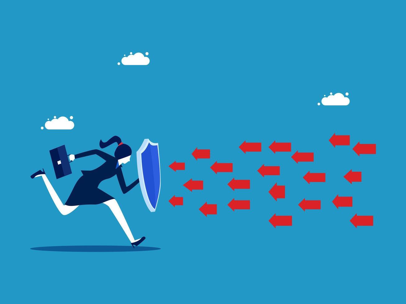 businesswoman running with a shield and red arrows vector