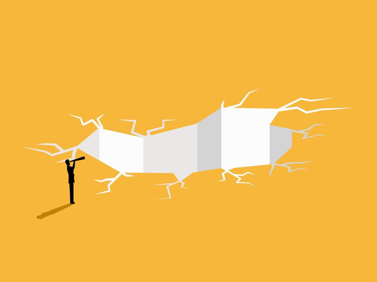 Businessman looking out of the problem of the earth cracking into a hole vector